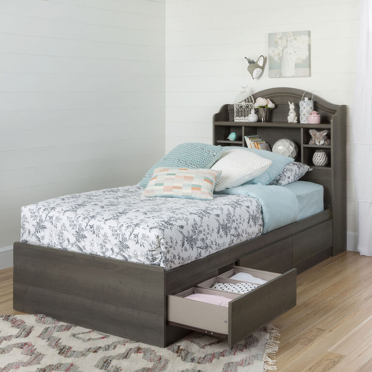 Savannah Bookcase Headboard with Storage- Gray Maple