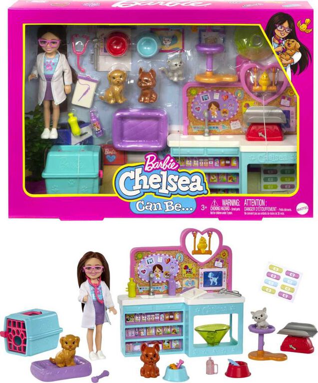 Barbie - Coffret Chelsea Vétérinaire (brunette), 4 animaux, 18 acc.