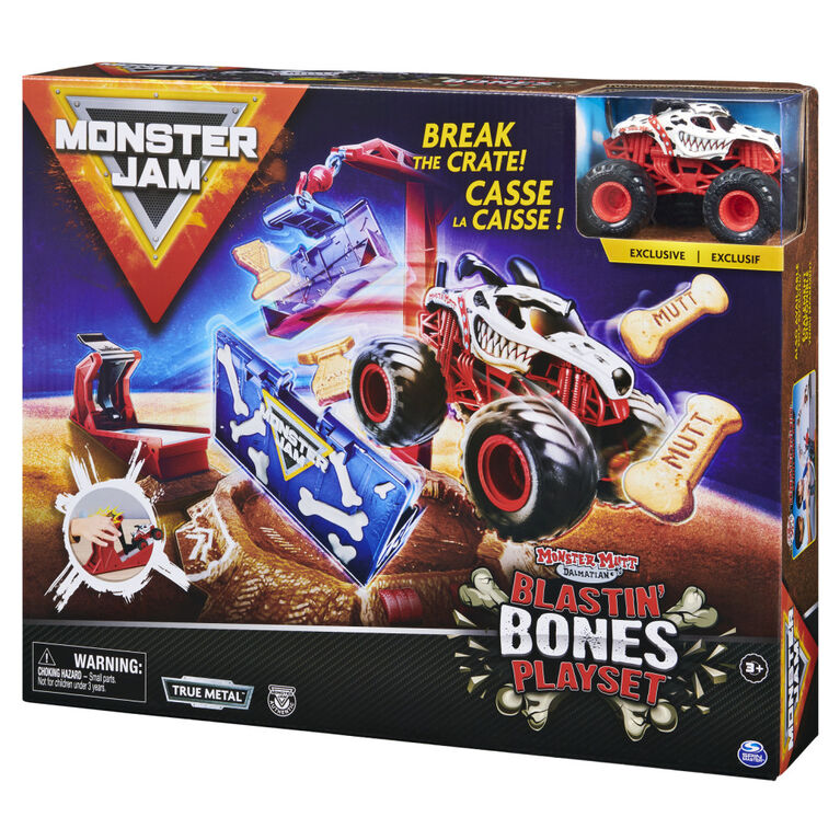 Monster Jam, Coffret Blastin' Bones avec Monster Mutt Dalmatian exclusif, Jouets monster trucks pour garçons à partir de 3 ans