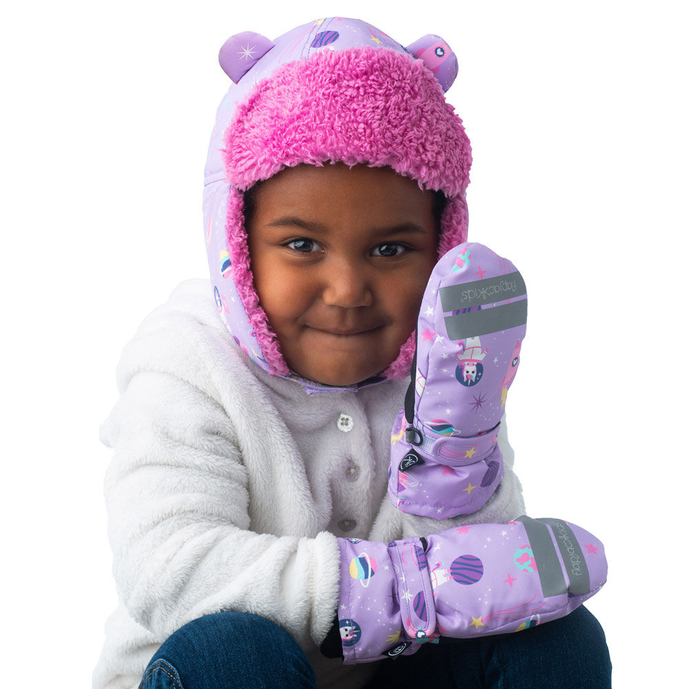 FlapJackKids Baby Toddler Kids Girls Water Repellent Trapper Hat Sherpa Lining Unicorn Lilac Medium 2 4 years