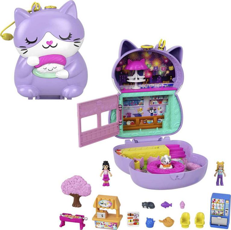 Polly Pocket Sushi Shop Cat Compact Playset with 2 Dolls and 12 Accessories