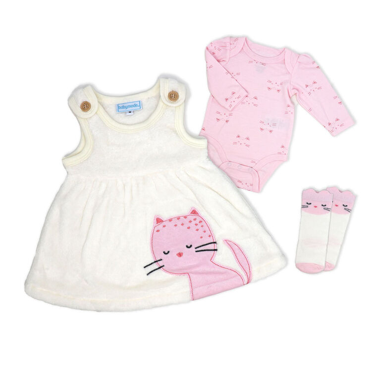 Baby Mode 3 Piece Sherpa Jumper Set: Grey Kitty 6M