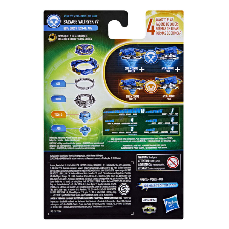 Beyblade Burst QuadDrive, Starter Pack avec toupie Salvage Valtryek V7 type attaque/endurance et lanceur