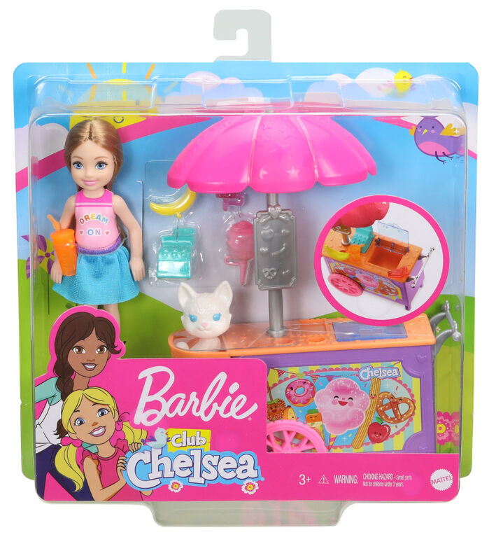 Barbie Club Chelsea Doll and Snack Cart Playset, 6inch Blonde with Pet
