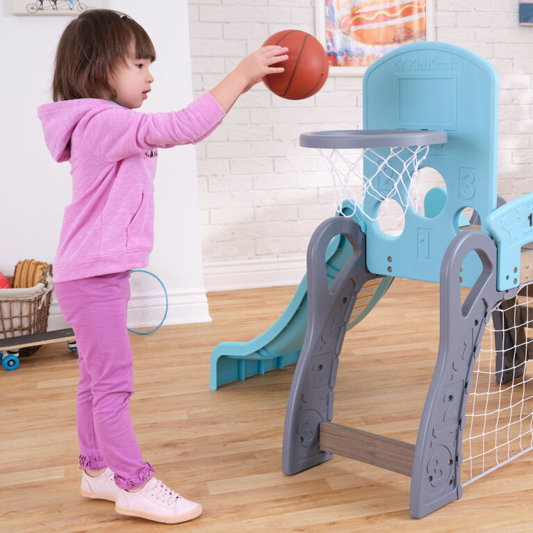 KidKraft Structure à grimper sportive 5 en 1 pour tout-petits comprenant un filet de soccer, un panier de basketball, un coussin de baseball, une balle et deux ballons