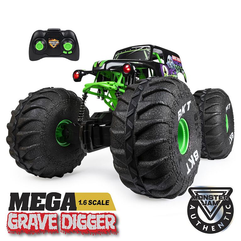 Monster Jam, Official Mega Grave Digger All-Terrain Remote Control Monster Truck with Lights, 1:6 Scale