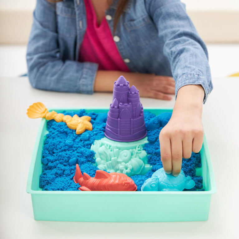 Kinetic Sand Sandbox Set, 1lb Blue Play Sand, Sandbox Storage, 4 Molds and Tools, Sensory Toys