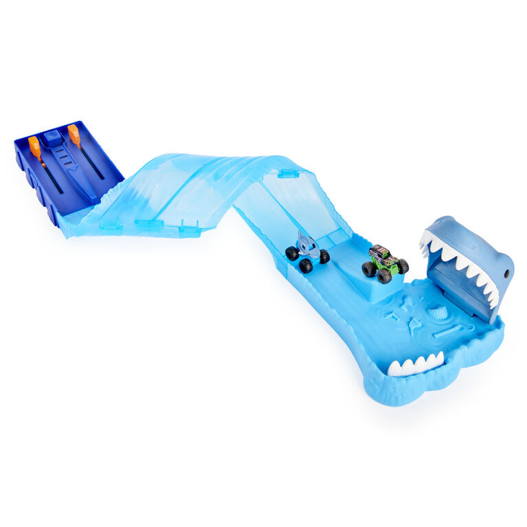 Monster Jam, Mini Megalodon Race and Chomp Playset with 2 Monster Jam Mini Trucks in 1:87 scale