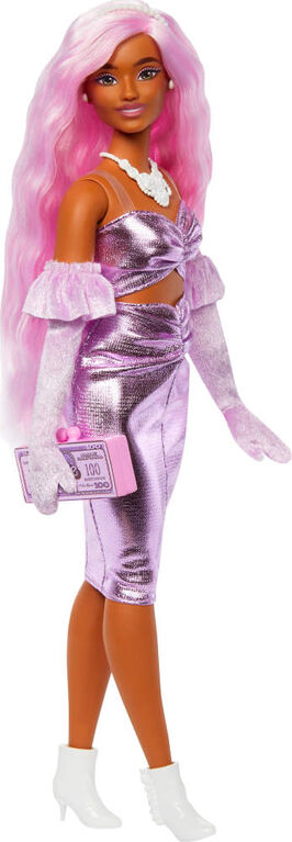 Barbie Deluxe Style Doll #1 in Glossy Pink Barbiecore Dress with Velvet Gloves, Pink Hair