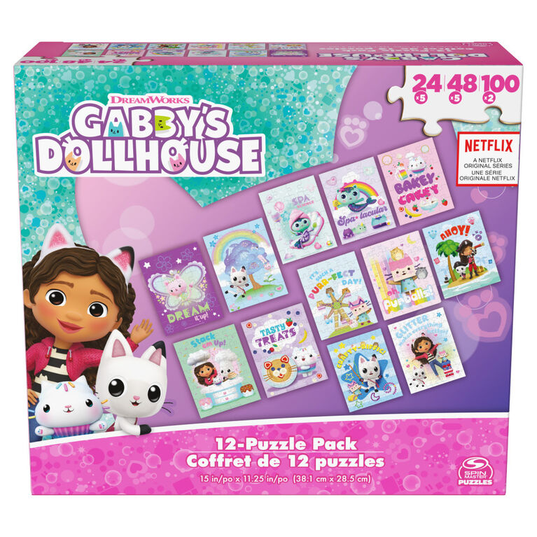 Gabby's Dollhouse, Coffret de 12 puzzles de 24 pièces, 48 pièces et 100 pièces