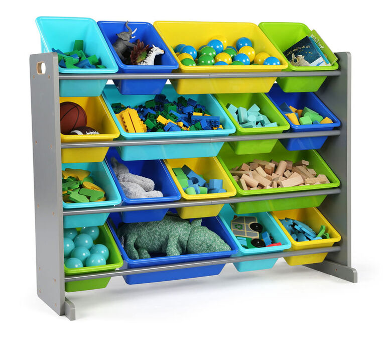 Toy Organizer with 16 Bins, Grey/Blues