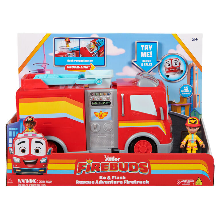 Disney Junior Firebuds, Bo and Flash Rescue Adventure Fire Truck with VROOMLINK, Lights, Sounds, Movements Kids Toys