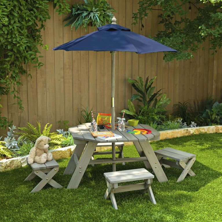 KidKraft - Wooden Octagon Table, Stools and Umbrella Set, Kids' Outdoor Furniture, Barnwood Gray and Navy