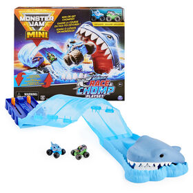 Monster Jam, Coffret de jeu Mini Megalodon Race and Chomp Playset, Avec 2 monster trucks Monster Jam Mini à l'échelle 1:87