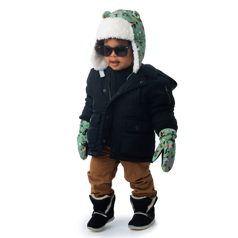 FlapJackKids - Toddler, Kids, Boys Water Repellent Ski Mittens - Ribbed Cuffs - Black Bear/Green - Medium 2-4 years