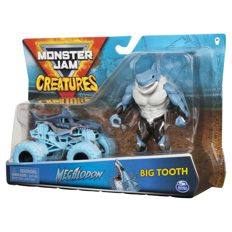 Monster Jam, Coffret Monster truck Megalodon à l'échelle 1:64 officiel et figurine articulée Big Tooth Creatures de 12,7 cm