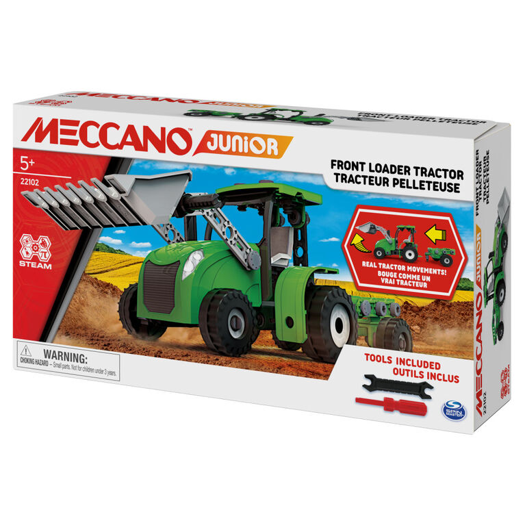 Meccano Junior, Tracteur à benne fonctionnelle avec pièces mobiles et vrais outils, Kit de construction de petit véhicule