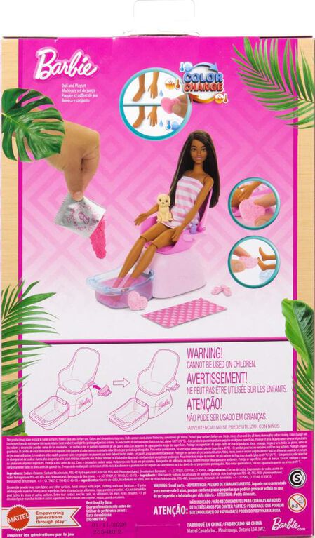 Barbie Mani-Pedi Spa Playset with Brunette Fashion Doll, Puppy & 7 Accessories, Color-Change Feature