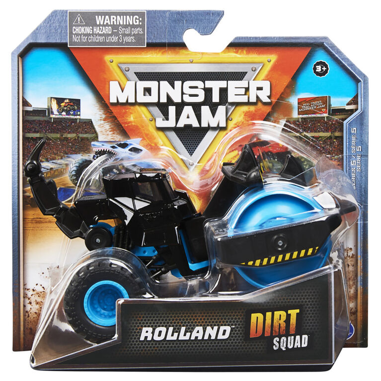 Monster Jam, Monster truck Rolland Dirt Squad Steamroller officiel avec pièces mobiles, véhicule en métal moulé à l'échelle 1:64