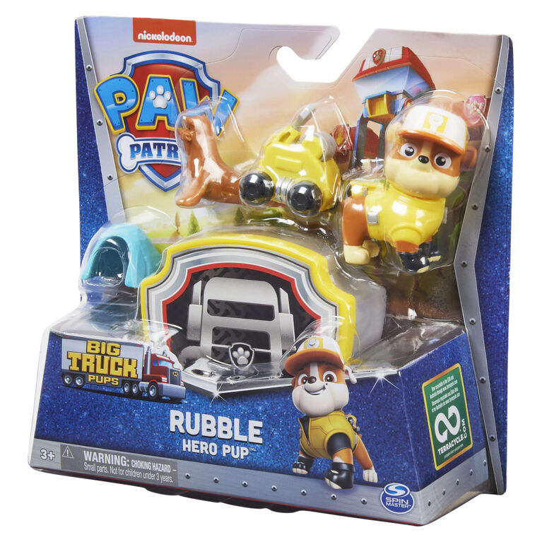 PAW Patrol, Big Truck Pups Rubble Action Figure with Clip-on Rescue Drone, Command Center Pod and Animal Friend