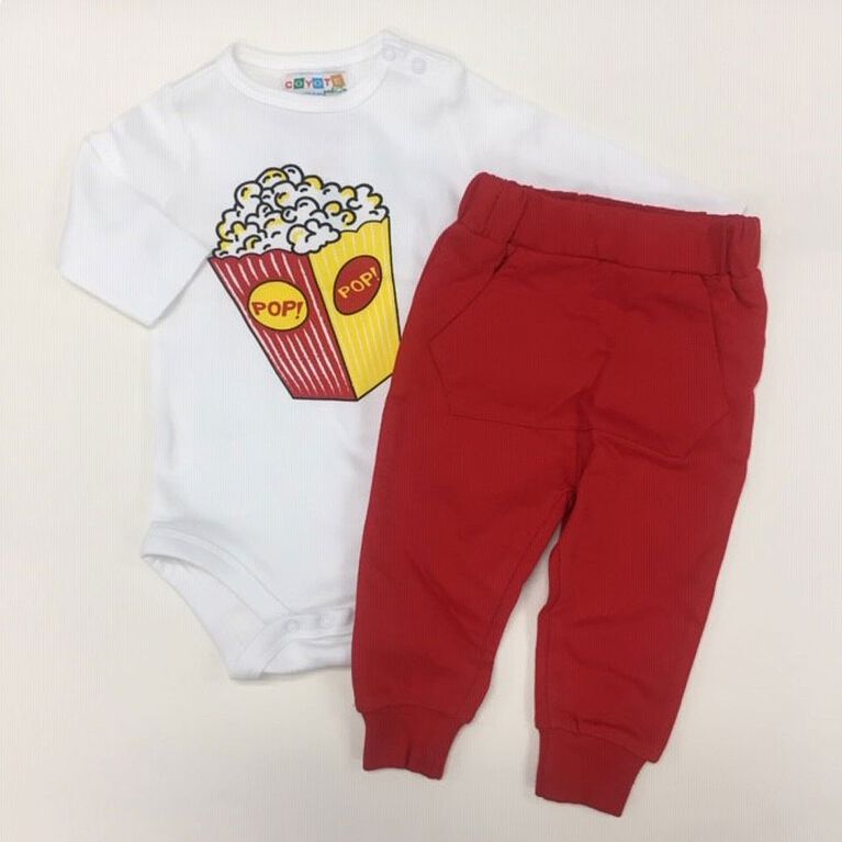 Coyote and Co. POP Print Long Sleeve white Bodysuit & Red Pant 2 piece set - size 6-9 months