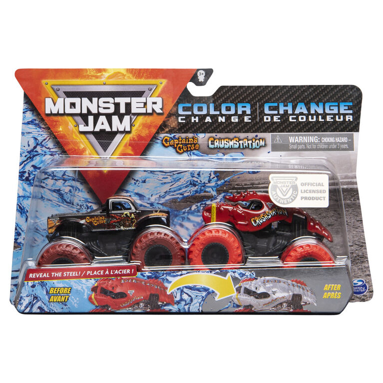 Monster Jam, Official Captain's Curse vs. Crushstation Color-Changing Die-Cast Monster Trucks, 1:64 Scale