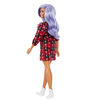 Barbie Fashionistas Doll #157, Curvy with Lavender Hair Wearing Red Plaid Dress, White Cowboy Boots & Teal Cross-Body Cactus Bag