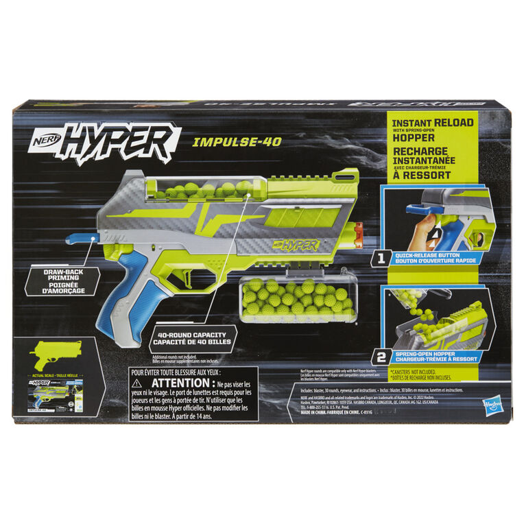 Nerf Hyper, blaster Impulse-40, 30 billes en mousse Nerf Hyper, chargeur-trémie à chargement instantané, jusqu'à 33,5 m/s, lunettes incluses