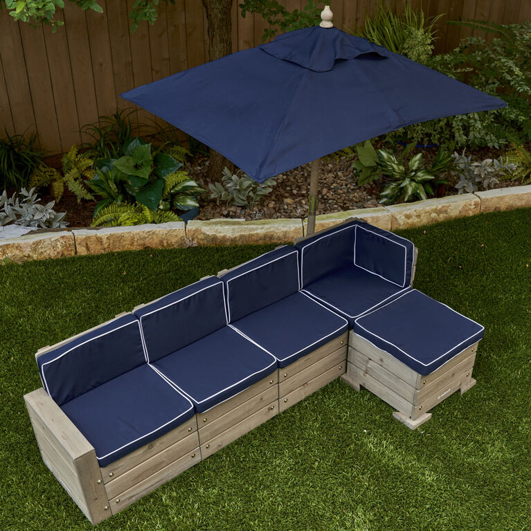 KidKraft - Wooden Outdoor Sectional Ottoman and Umbrella Set with Cushions, Kids' Patio Furniture, Barnwood Gray and Navy