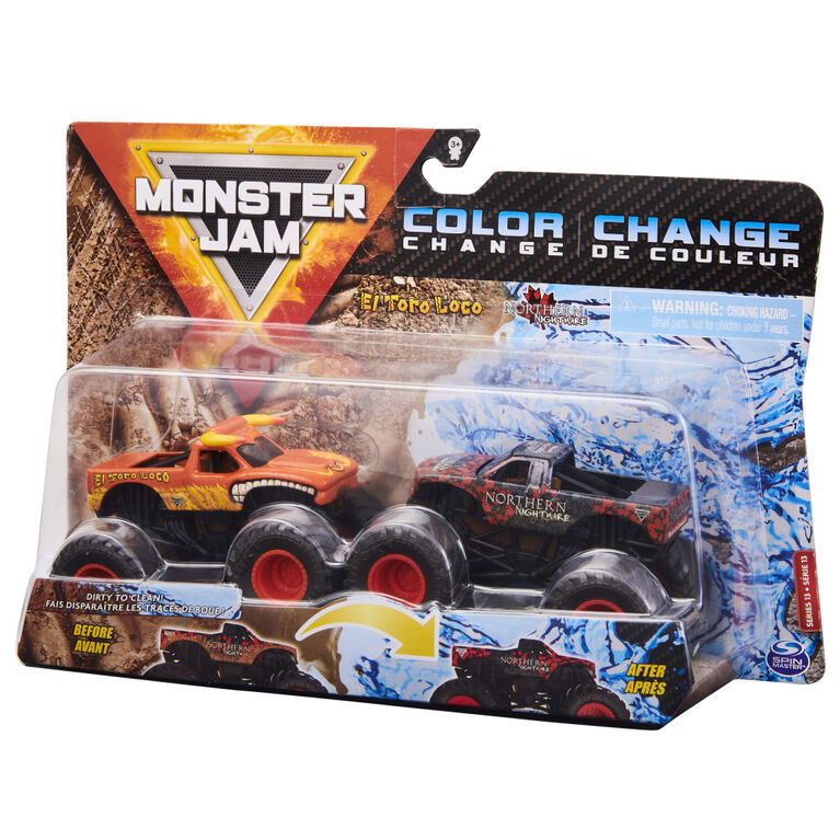 Monster Jam, Official El Toro Loco vs. Northern Nightmare Color-Changing Die-Cast Monster Trucks, 1:64 Scale