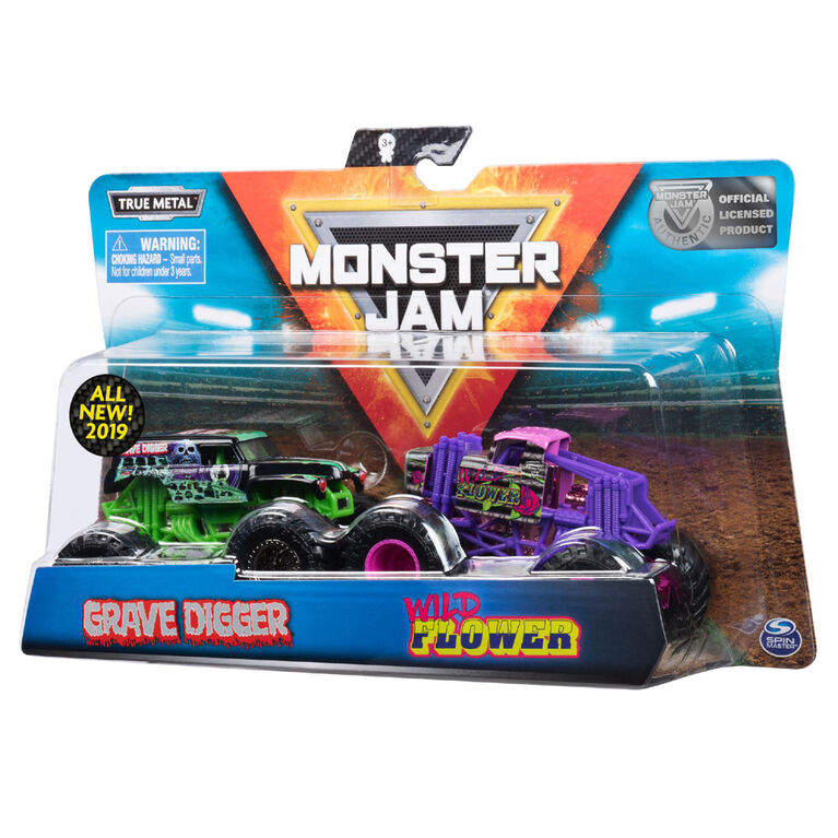 Monster Jam, Coffret de 2 véhicules authentiques Grave Digger vs Wild Flower, Monster trucks en métal moulé à l'échelle 1:64