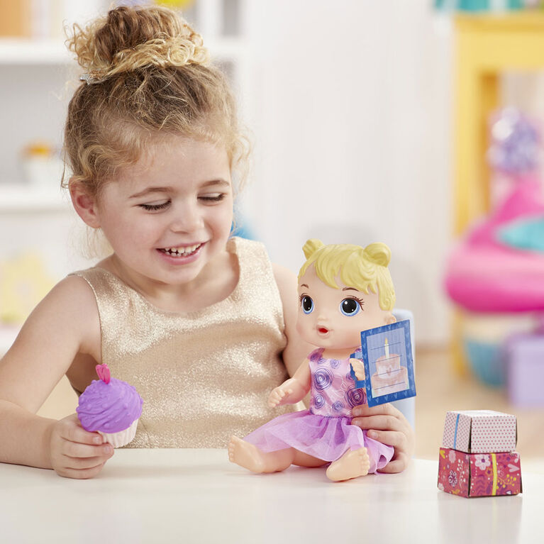 Baby Alive Party Presents Baby Blonde Hair Doll with Birthday Cupcake and Surprise Accessories - R Exclusive