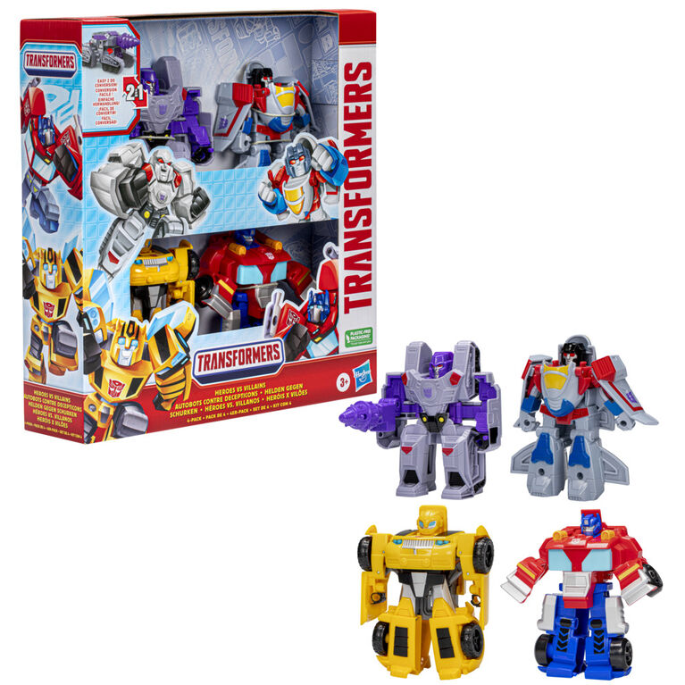 Transformers Toys Heroes vs Villains 4-Pack, 4.5 Inch Action Figures, Preschool Robot Toys for Kids Ages 3 and Up