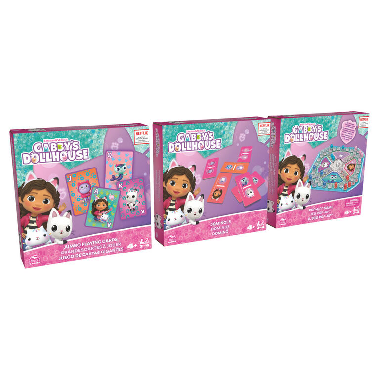 Gabby's Dollhouse 3 Game Bundle Gift Set, Pop-Up Game Dominoes Jumbo Playing Cards, Gabby's Dollhouse Toys Kids Games