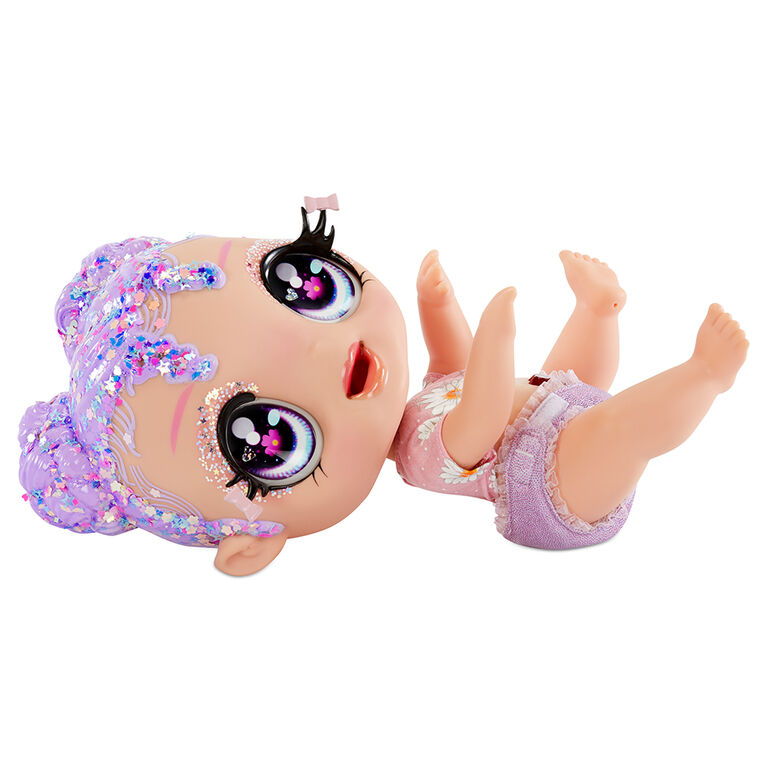 GLITTER BABYZ Lila Wildboom Baby Doll with 3 magical color changes/ lavender purple hair doll with flowers on the outfit and reusable diaper, bottle and pacifier