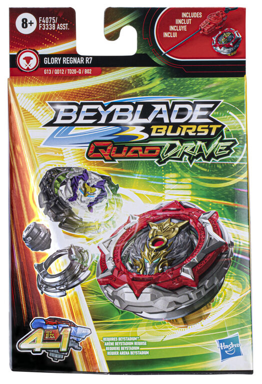 Beyblade Burst QuadDrive, Starter Pack avec toupie Glory Regnar R7 type défense/équilibre et lanceur