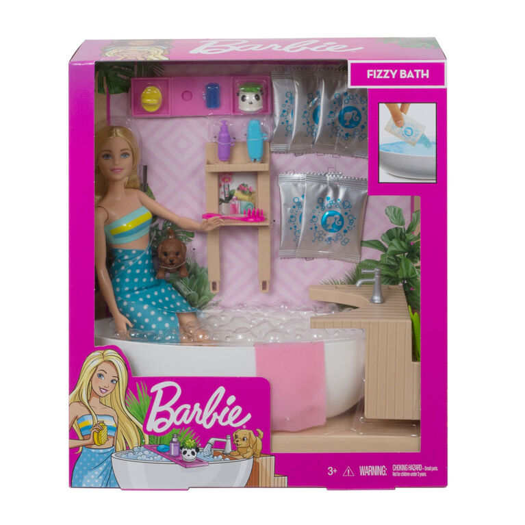 BARBIE Coffret salle de bain baignoire avec poupée, meubles et accessoires  - Barbie pas cher 