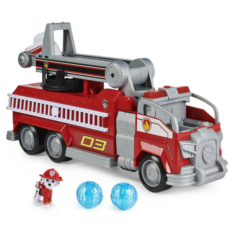 PAW Patrol, Transforming City Firetruck de Marcus tiré du film, avec échelle télescopique, effets sonores et lumineux et figurine articulée à collectionner