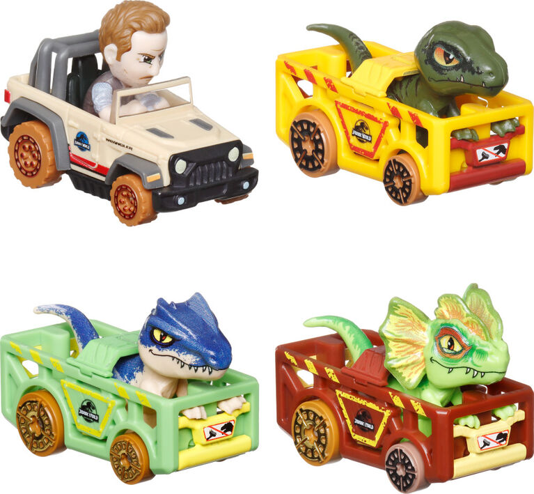 Hot Wheels RacerVerse, Set of 4 Die-Cast Hot Wheels Cars with Jurassic World Characters as Drivers