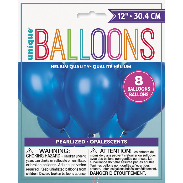 8 Ballons Nacres 12 Po - Bleu Saphir