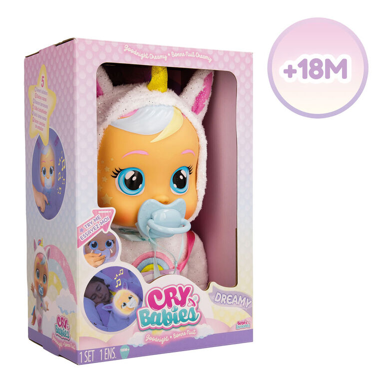 Poupée Cry Babies Bonne nuit Dreamy avec voyants DEL, pour filles et garçons de 18 mois et plus
