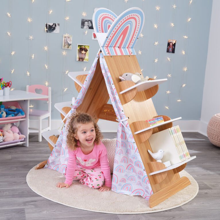 KidKraft Wood Book Nook Tent with 6 Shelves, Children's Bookcase, Caramel Ash Color