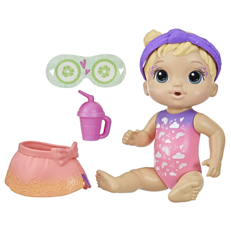 Baby Alive Bébé au spa Arc-en-ciel, poupée de 22,5 cm aux cheveux blonds, thème spa, masque pour poupée et biberon