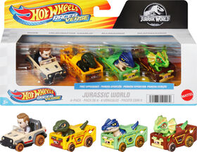 Hot Wheels RacerVerse, Set of 4 Die-Cast Hot Wheels Cars with Jurassic World Characters as Drivers