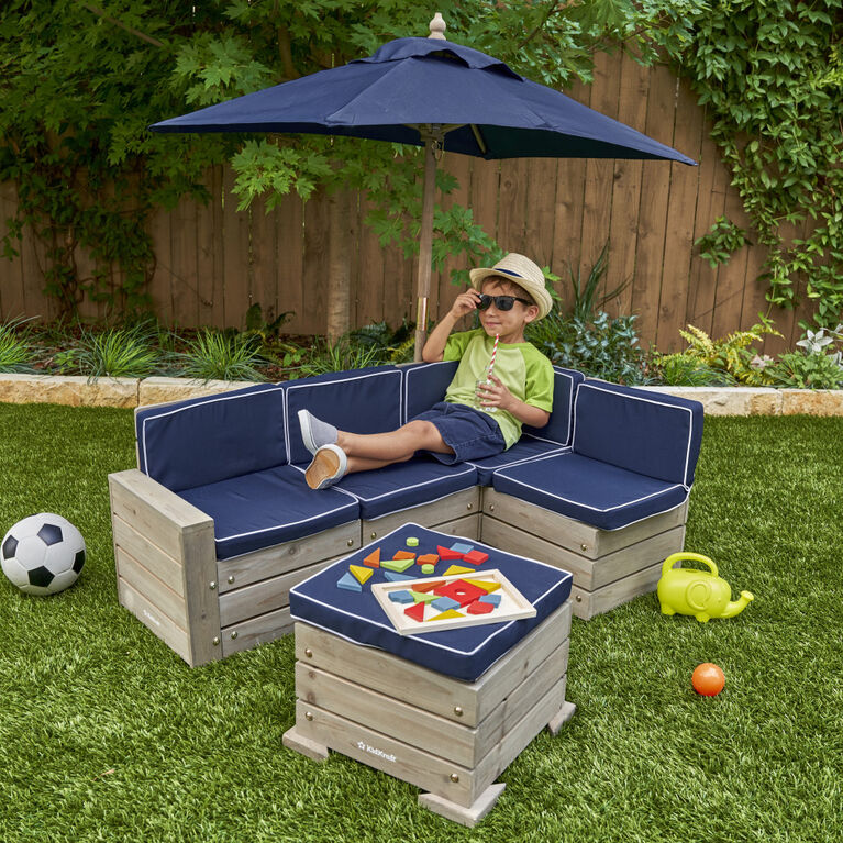 KidKraft - Wooden Outdoor Sectional Ottoman and Umbrella Set with Cushions, Kids' Patio Furniture, Barnwood Gray and Navy