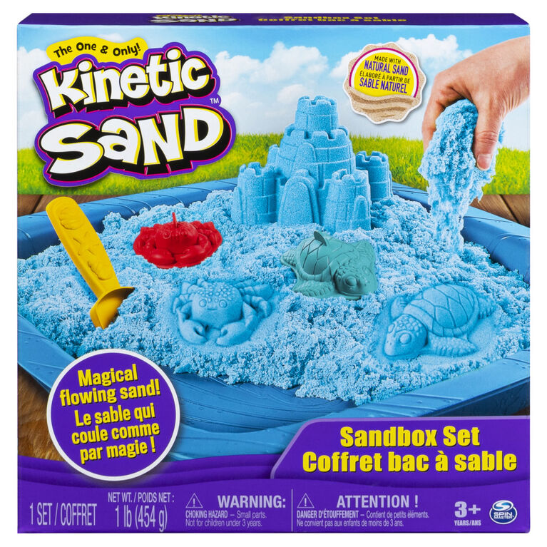 Kinetic Sand, coffret Bac à sable avec 454 g (1 lb) de sable Kinetic Sand bleu et 3 moules