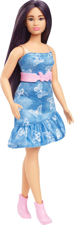 Barbie Fashionistas Doll #231 in Denim Butterfly Dress with Pink Belt, Purple Hair