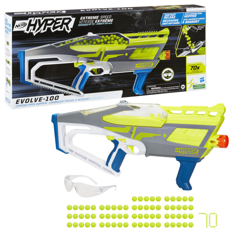 Nerf Hyper, blaster Evolve-100, 70 billes en mousse Nerf Hyper, chargeur-trémie à chargement instantané, jusqu'à 33,5 m/s, lunettes incluses