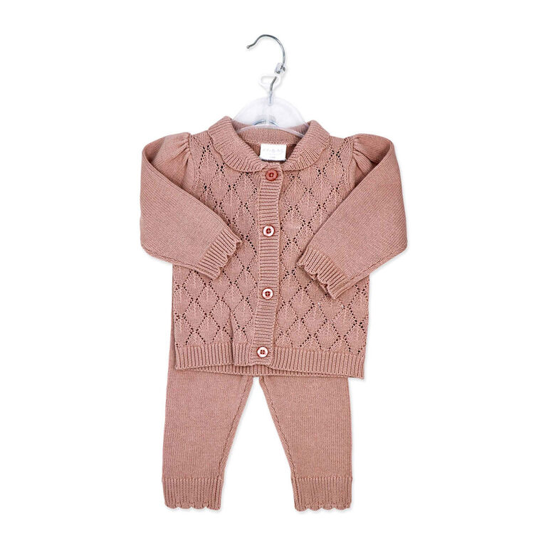 Rock a Bye Baby Cardigan en tricot rose avec col à volants et pantalon