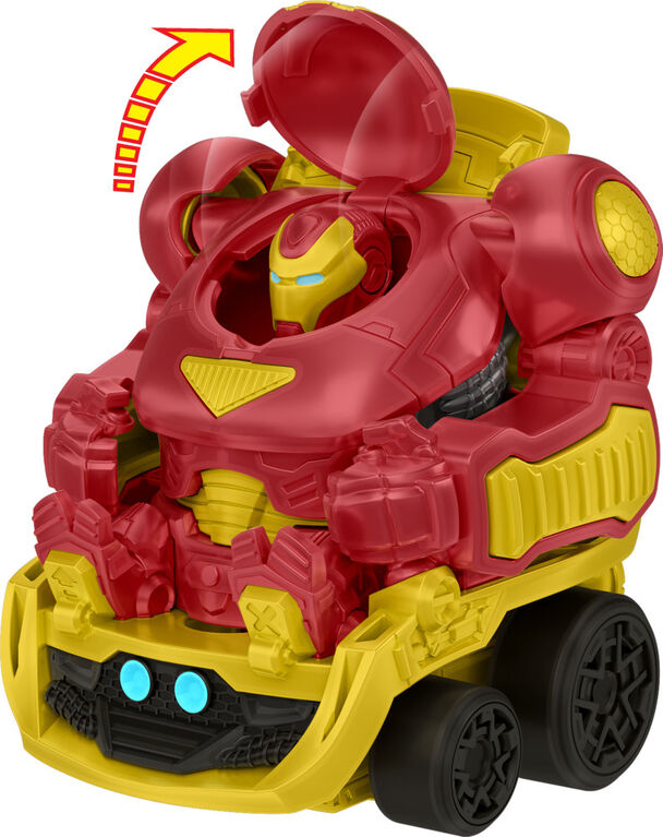 Hot Wheels RacerVerse Marvel Hulkbuster Hauler, Stores Up to 10 Toy Cars, Detachable Cab with Flip-Up Helmet & Non-Removable Figure